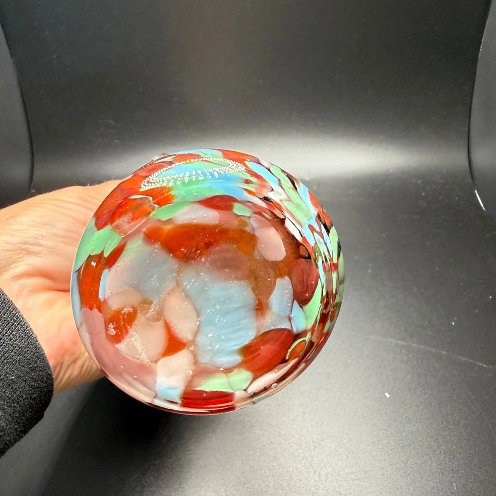 Vintage Art Glass Bud Vase Red Green White Confetti Striped Ruffled Rim 11 inch